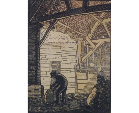 Eric Hesketh Hubbard (1892 - 1957), barn interior, woodblock print, signed in pencil, image 25cm x 18cm 