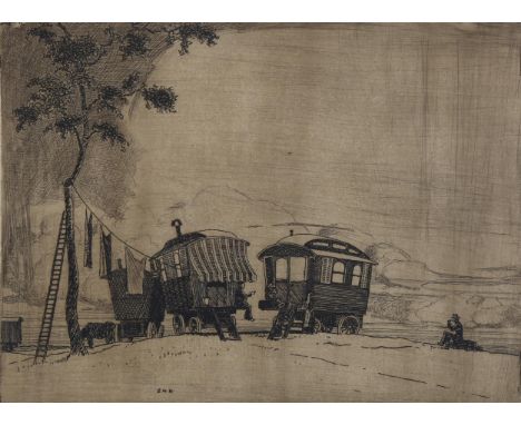 Eric Hesketh Hubbard (1892 - 1957), the caravaners yarn, etching, signed in pencil, trial proof, image 15cm x 21cm, framed 