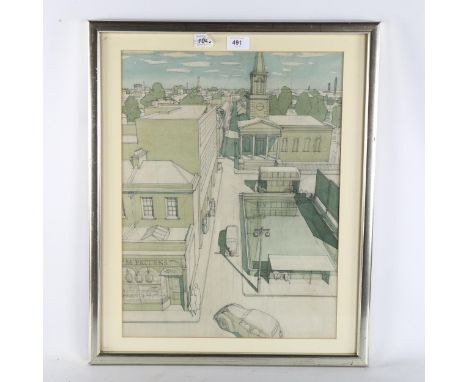 Mid-20th century architectural street scene, watercolour/pencil, unsigned, 50cm x 37cm, framed 