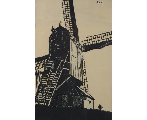 Eric Hesketh Hubbard (1892 - 1957), old windmill, colour woodcut print, signed in pencil, image 30cm x 20cm, framed 