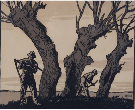 Eric Hesketh Hubbard (1892 - 1957), harvest workers, woodcut print, signed in pencil, image 22cm x 27cm, framed 