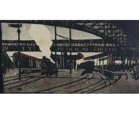 Eric Hesketh Hubbard (1892 - 1957), train station, colour woodcut print, signed in pencil, image 15cm x 27cm, framed 