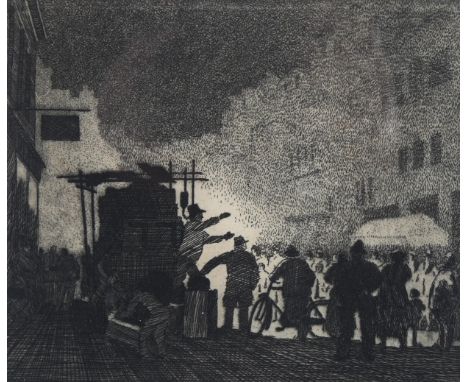 Eric Hesketh Hubbard (1892 - 1957), the cheap jack, etching, signed in pencil, no. 5 of 100, image 12cm x 15cm, framed 