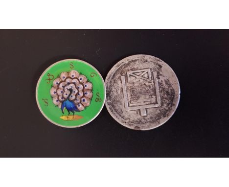 ENAMEL DECORATED BURMESE MINDON MIN 1 KYAT COINwith enamelled peacock decoration and with brooch attachment, together with an