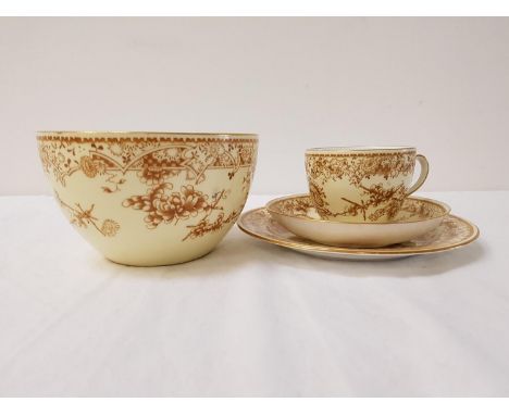 ROYAL CROWN DERBY TEA SETdecorated with gilt floral motifs on a pale yellow ground, comprising tea cups and saucers, side and