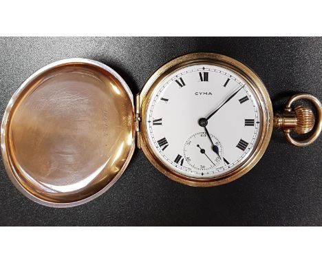CYMA GOLD PLATED FULL HUNTER POCKET WATCHthe white enamel dial with subsidiary seconds dial and Roman numerals, the case numb