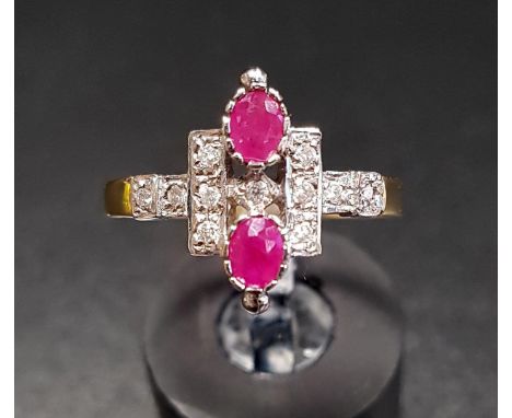 ART DECO STYLE RUBY AND DIAMOND PLAQUE RINGthe two oval cut rubies within a diamond set geometric setting, the rubies totalli