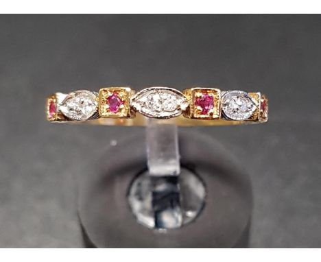 DIAMOND AND RUBY HALF ETERNITY RINGwith alternating square set single rubies and navette set double diamonds, on eighteen car