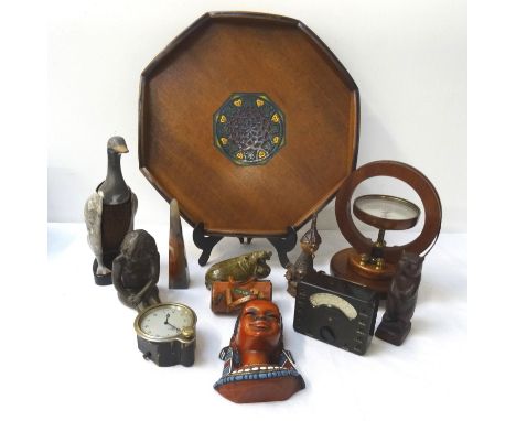 MAHOGANY OCTAGONAL TRAYwith centre hand painted engraving together with a parquetry tray with an inlay border and inner geome