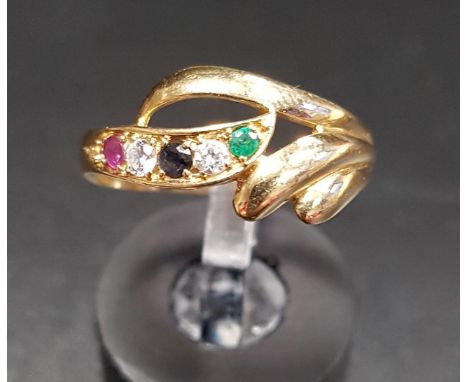 EMERALD, SAPPHIRE, RUBY AND CZ DRESS RINGthe multi gemstones in pierced and scroll setting, ring size N 