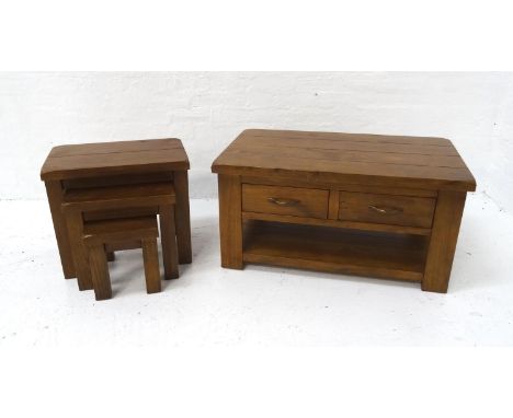 STAINED PINE OCCASIONAL TABLEwith a plank top above two frieze drawers with a shelf below, standing on plain supports, 100cm 