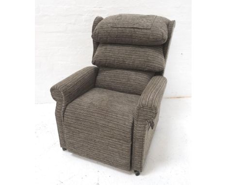 LIFT AND RECLINE COSI CHAIRelectrically operated and covered in brown striped material, mains operated with a dual motor hand