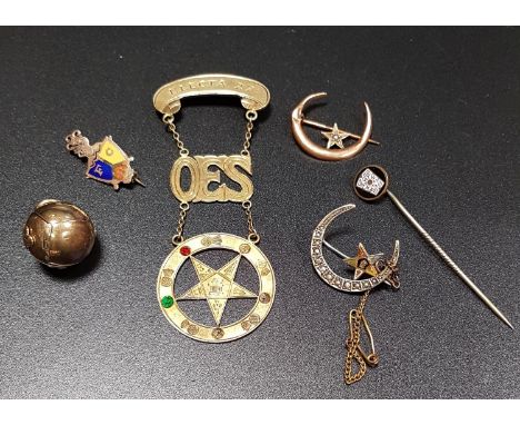 SELECTION OF GOLD AND OTHER MASONIC AND EASTERN STAR JEWELLERYincluding nine carat gold Eastern Star brooch formed as a seed 