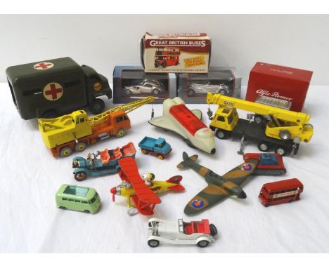 SELECTION OF VINTAGE AND OTHER TOYSincluding two Dinky MKII spitfires, A Lesley London bus, Broke Bond Tea van, tipper truck,