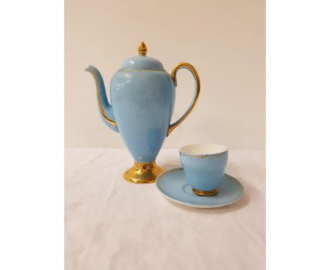 WEDGWOOD COFFEE SETwith a duck egg blue ground with gilt highlights, comprising coffee pot, twin handled and lidded sugar bow