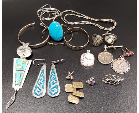 SELECTION OF SILVER JEWELLERYincluding a turquoise set pendant and ring, other pendants, earrings, and a pair of nine carat g