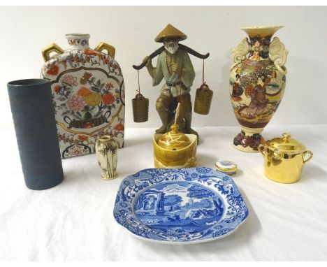 SELECTION OF EAST ASIAN AND OTHER DECORATIVE CERAMICSincluding a figurine of a fisherman , a moon type flask, a Satsuma style