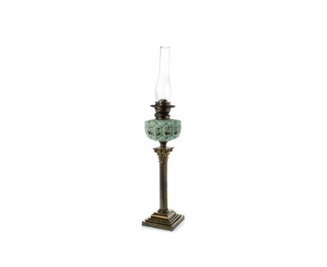 VICTORIAN OIL LAMP, the moulded turquoise glass reservoir on a brass Corinthian column, with stepped base, 53cm high
