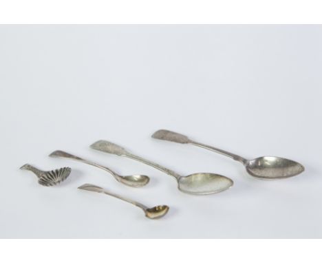 ANTIQUE SILVER CADDY SPOON with fluted circular bowl and foliate engraved handle, Birmingham 1790 TWO 19TH CENTURY FIDDLE HAN