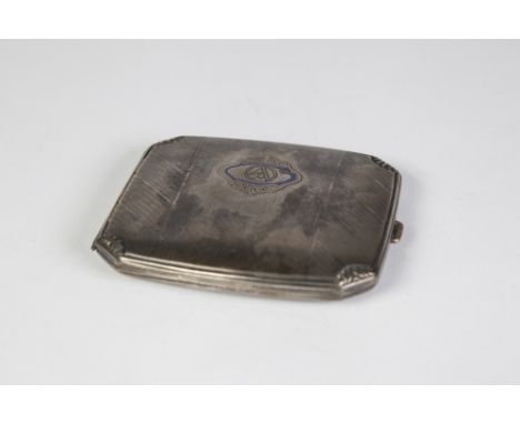 GERMAN SILVER COLOURED METAL POCKET CIGARETTE CASE, oblong and cushion shaped with canted corner with lobed decoration engine