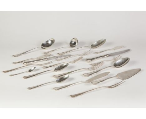 CIRCA 1920'S GERMAN 800 MARK SILVER TABLE SERVICE OF CUTLERY FOR SIX PERSONS, with double struck tri-lobed and scroll edge pa