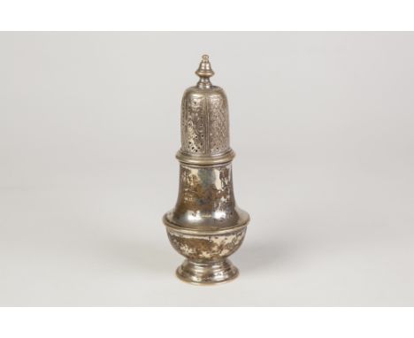 EARLY GEORGIAN STYLE SMALL SILVER SUGAR SHAKER, the pierced push-on cover with engraved decoration and turned finial, 5 1/2" 