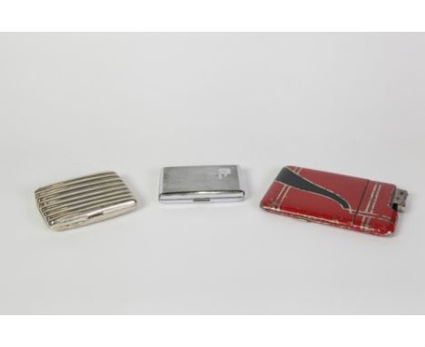 AN INTER-WAR YEARS ELECTROPLATED CIGARETTE/CIGAR, also a 1930's/40's, white metal red and black painted CIGARETTE CASE CUM LI