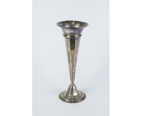 GEO V SILVER TRUMPET VASE of panelled tapering form with broad rim and stepped circular foot , 9" (22.9 cm) high makers R&B, 