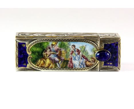 A 1930's  .800 silver and enamel lipstick holder, with fold out mirror. L.6cms