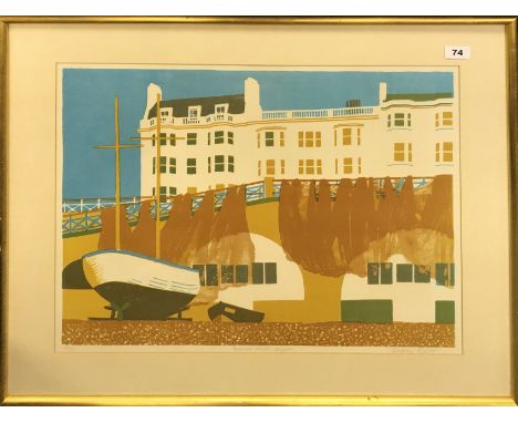 Geoffrey Elliott (contemporary British) gilt framed limited edition (69/75) lithograph entitled "Beached boats: Brighton". Fr