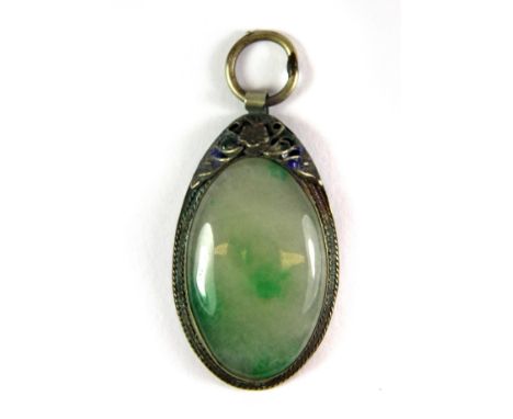 A Tibetan metal and enamel pendant set with a mixed colour hardstone. H.6.5cms
