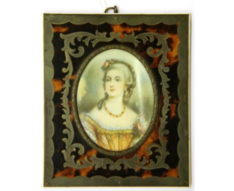 A framed signed miniature portrait of a lady by Lavalle. Size 12x14cms