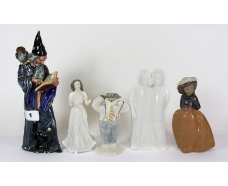 A Royal Doulton figure "The Wizard" with a Doulton "Snowman", a further small Doulton, Coalport and Nao figures.