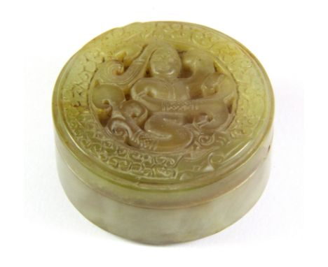 A 19th/early 20th century Chinese carved nephrite jade ink box. Dia.6cm Depth. 3cms