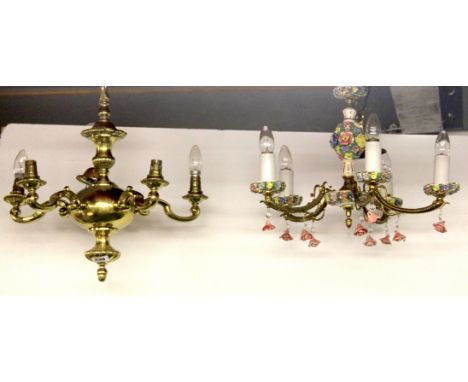 A brass five branch chandelier light fitting, and a gilt brass and porcelain light fitting.