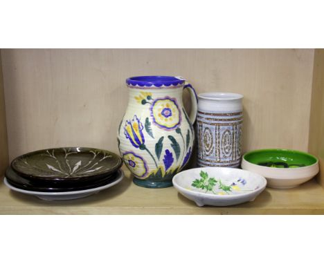 A large Crown Ducal pottery jug with 6 other pottery items including Poole, Jill Pryke and Salt Marsh.