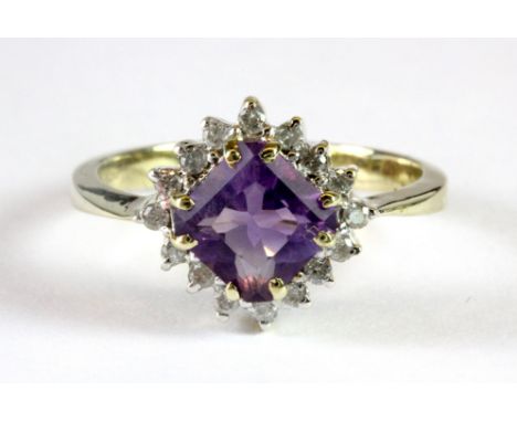 A 9ct yellow gold amethyst and diamond cluster ring (P.5).