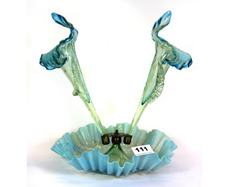 A 19th century blue opaline glass epergne stand featuring the base and two flutes, H.30cm.