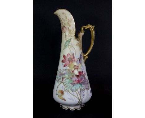 A Royal Doulton blush ivory and gilt jug, hand painted and signed, H.28cm.