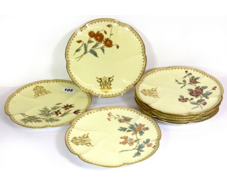 A set of 8 early Royal Worcester (puce mark) hand painted and gilt plates, D.22cm.