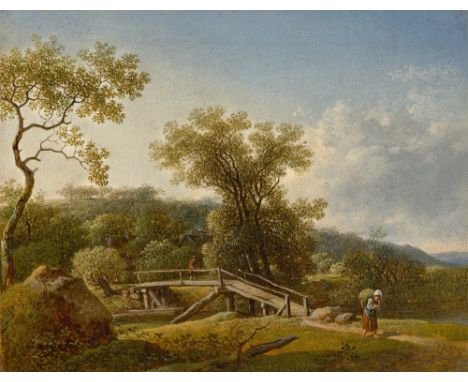 Johann Christian  Klengel (Kesselsdorf 1751 – 1824 Dresden). „Landschaft mit Steg: Links ein knorriger Baum hinter einem Feld