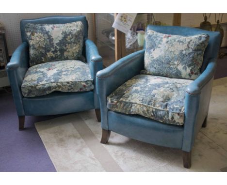 ARMCHAIRS, a pair, early 20th century, re-upholstered in close nailed turquoise leather, with Brussels tapestry style cushion