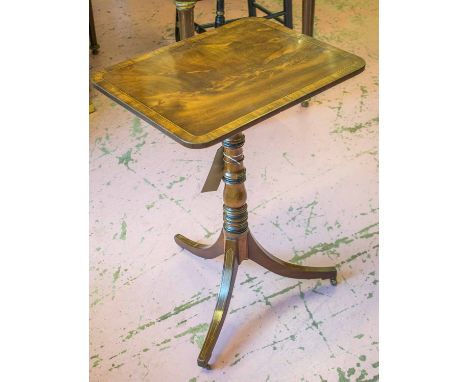 WINE TABLE, Regency, flame mahogany and rosewood crossbanded, with ebonised and inlaid swept tripod support and slipper casto