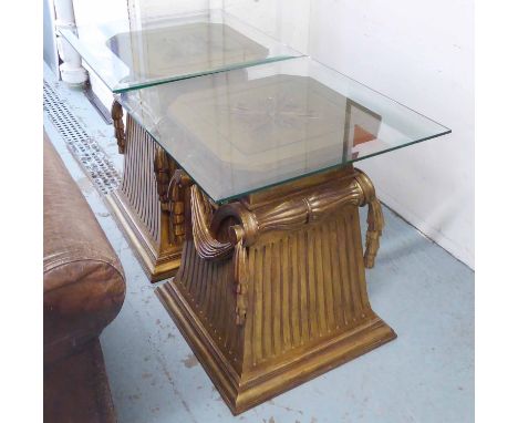 PEDESTAL LAMP TABLES, a pair, matching Lot 81, each with glass tops, 70cm x 70cm x 77cm H. (2)