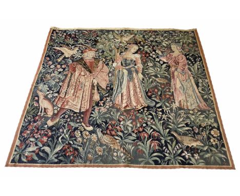 FINE ENGLISH TAPESTRY, 171cm x 161cm, royalty and woodland scene.