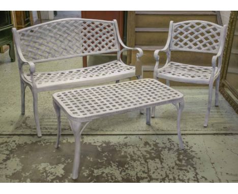 GARDEN SUITE, vintage cast aluminium, white painted and trellis panelled, including bench, armchair and low table 47cm H x 91