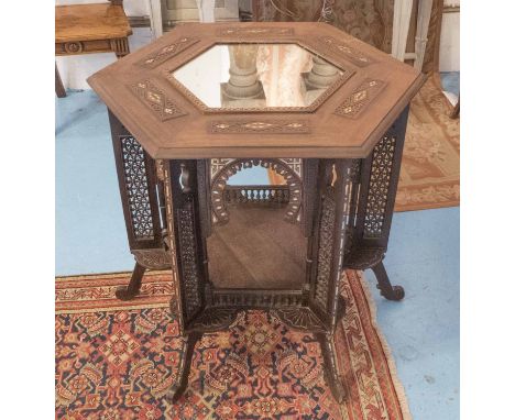 MOORISH CENTRE TABLE, vintage octagonal hardwood and mother of pearl inlaid, mirror inset with conforming support and underti