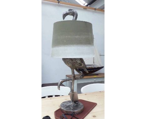 FLAMINGO TABLE LAMP, stylised form, silvered finish with shade, 82cm H.