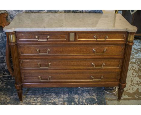 COMMODE, Directoire style, mahogany and brass mounted, with white marble top above two short and three long drawers, 84cm H x