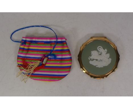 Wedgwood, Sage Green Stratton Compact. with small drawstring bag.